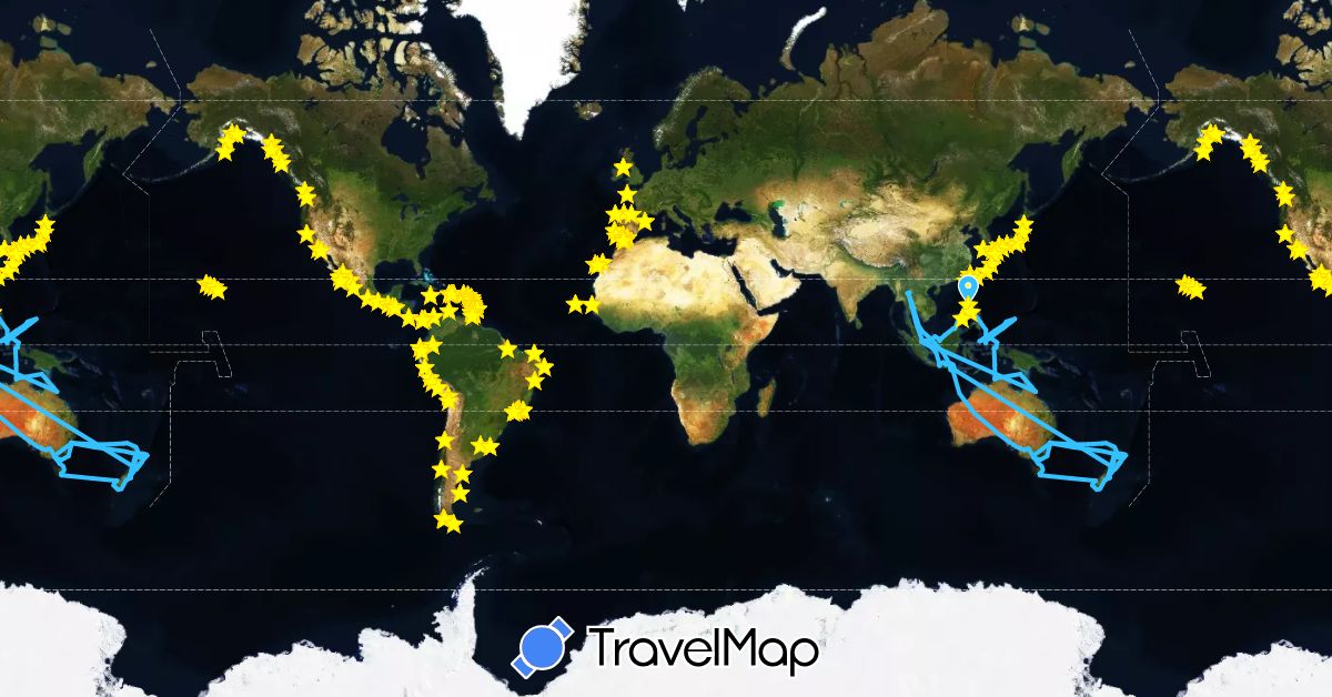 TravelMap itinerary: boat in Antigua and Barbuda, Argentina, Australia, Aruba, Barbados, Brazil, Canada, Chile, Colombia, Costa Rica, Cape Verde, Dominica, Dominican Republic, Ecuador, Spain, Micronesia, France, United Kingdom, Grenada, Gibraltar, Guatemala, Indonesia, Jamaica, Japan, Saint Kitts and Nevis, South Korea, Saint Lucia, Morocco, Mexico, Malaysia, Netherlands, New Zealand, Panama, Peru, Philippines, Portugal, Palau, Singapore, Senegal, El Salvador, Thailand, Trinidad and Tobago, Taiwan, United States, Uruguay, Saint Vincent and the Grenadines, British Virgin Islands (Africa, Asia, Europe, North America, Oceania, South America)