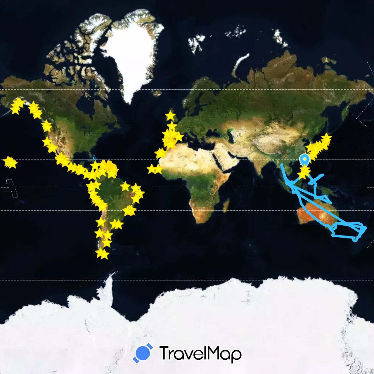 TravelMap itinerary: boat in Antigua and Barbuda, Argentina, Australia, Aruba, Barbados, Brazil, Canada, Chile, Colombia, Costa Rica, Cape Verde, Dominica, Dominican Republic, Ecuador, Spain, Micronesia, France, United Kingdom, Grenada, Gibraltar, Guatemala, Indonesia, Jamaica, Japan, Saint Kitts and Nevis, South Korea, Saint Lucia, Morocco, Mexico, Malaysia, Netherlands, New Zealand, Panama, Peru, Philippines, Portugal, Palau, Singapore, Senegal, El Salvador, Thailand, Trinidad and Tobago, Taiwan, United States, Uruguay, Saint Vincent and the Grenadines, British Virgin Islands (Africa, Asia, Europe, North America, Oceania, South America)